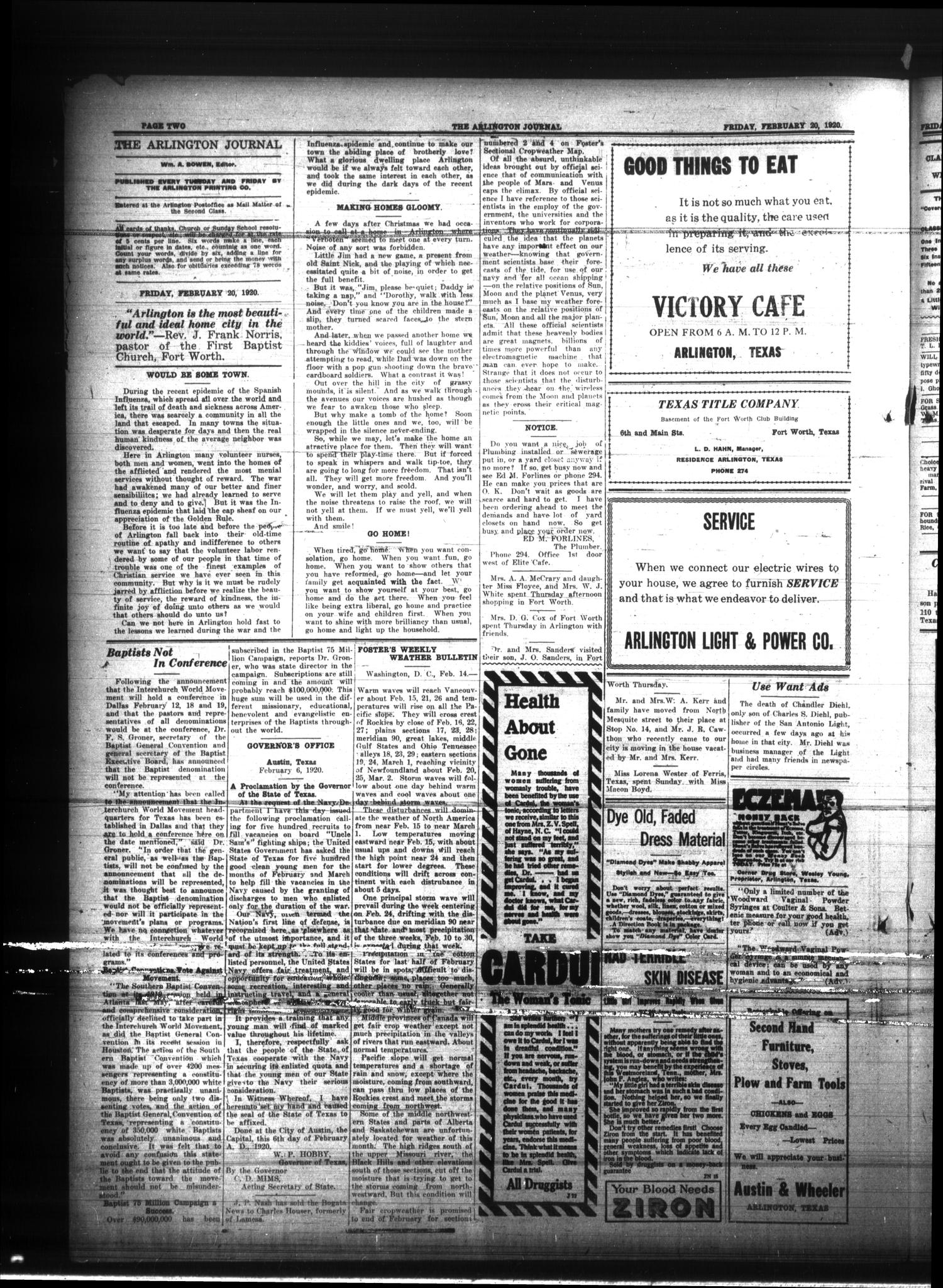 Arlington Journal (Arlington, Tex.), Vol. 25, No. 14, Ed. 1 Friday, February 20, 1920
                                                
                                                    [Sequence #]: 2 of 4
                                                