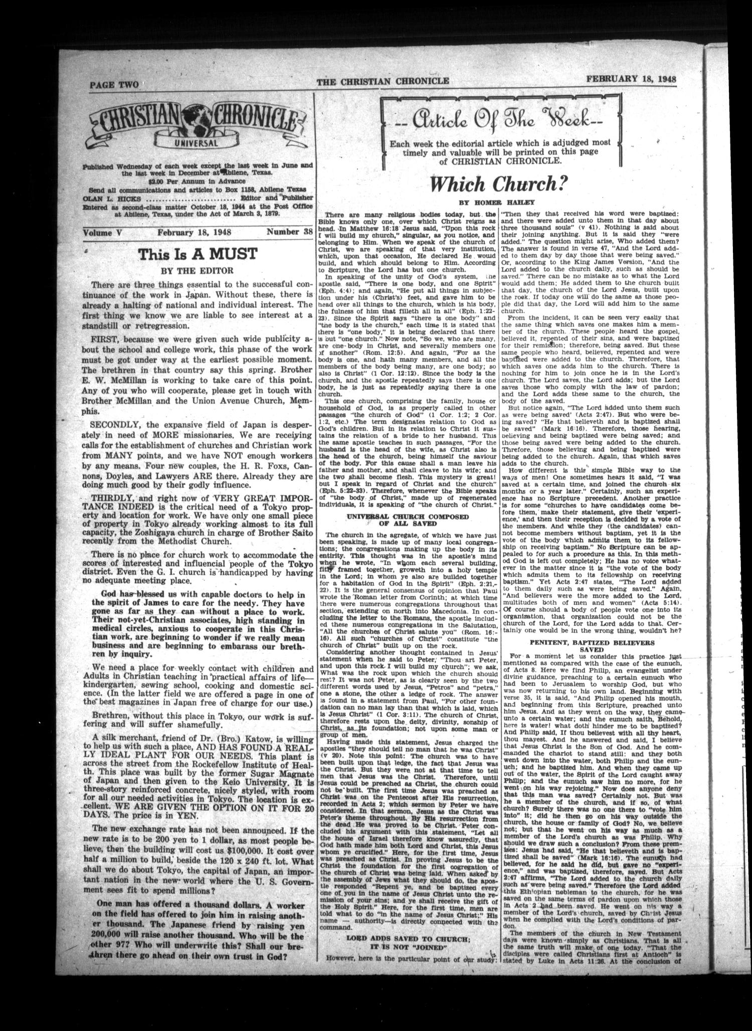 Christian Chronicle (Abilene, Tex.), Vol. 5, No. 38, Ed. 1 Wednesday, February 18, 1948
                                                
                                                    [Sequence #]: 2 of 10
                                                