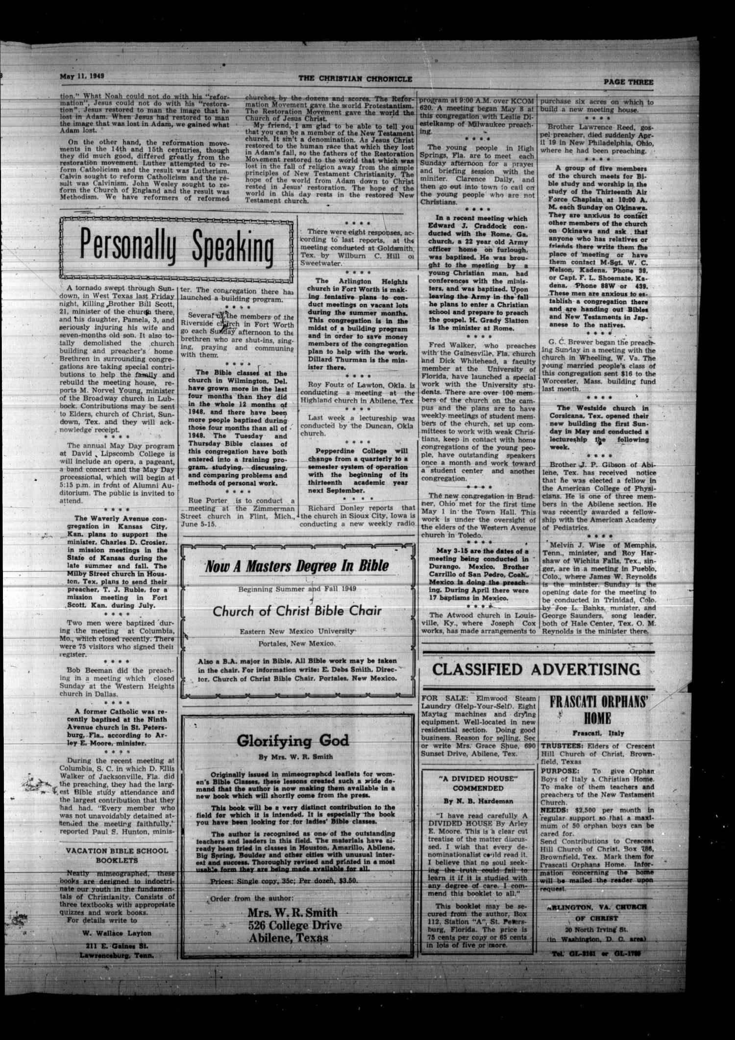 Christian Chronicle (Abilene, Tex.), Vol. 6, No. 50, Ed. 1 Wednesday, May 11, 1949
                                                
                                                    [Sequence #]: 3 of 4
                                                