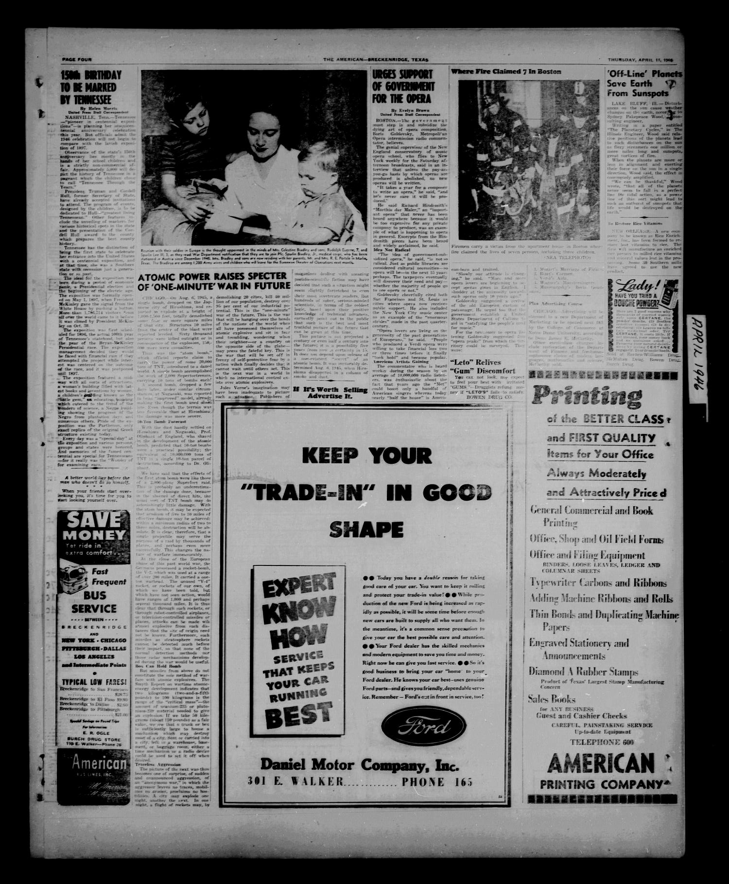 Stephens County Sun (Breckenridge, Tex.), Vol. 14, No. 15, Ed. 1 Thursday, April 11, 1946
                                                
                                                    [Sequence #]: 4 of 8
                                                