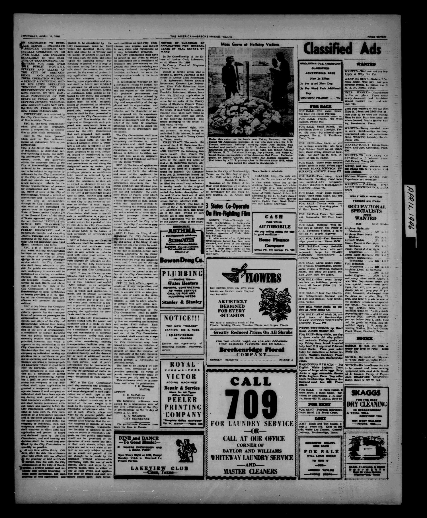 Stephens County Sun (Breckenridge, Tex.), Vol. 14, No. 15, Ed. 1 Thursday, April 11, 1946
                                                
                                                    [Sequence #]: 7 of 8
                                                