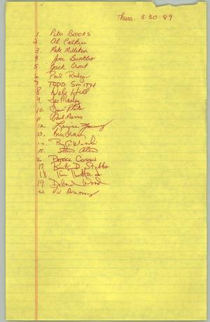 Primary view of object titled '[Sign-in sheet for Thursday, March 30, 1989]'.