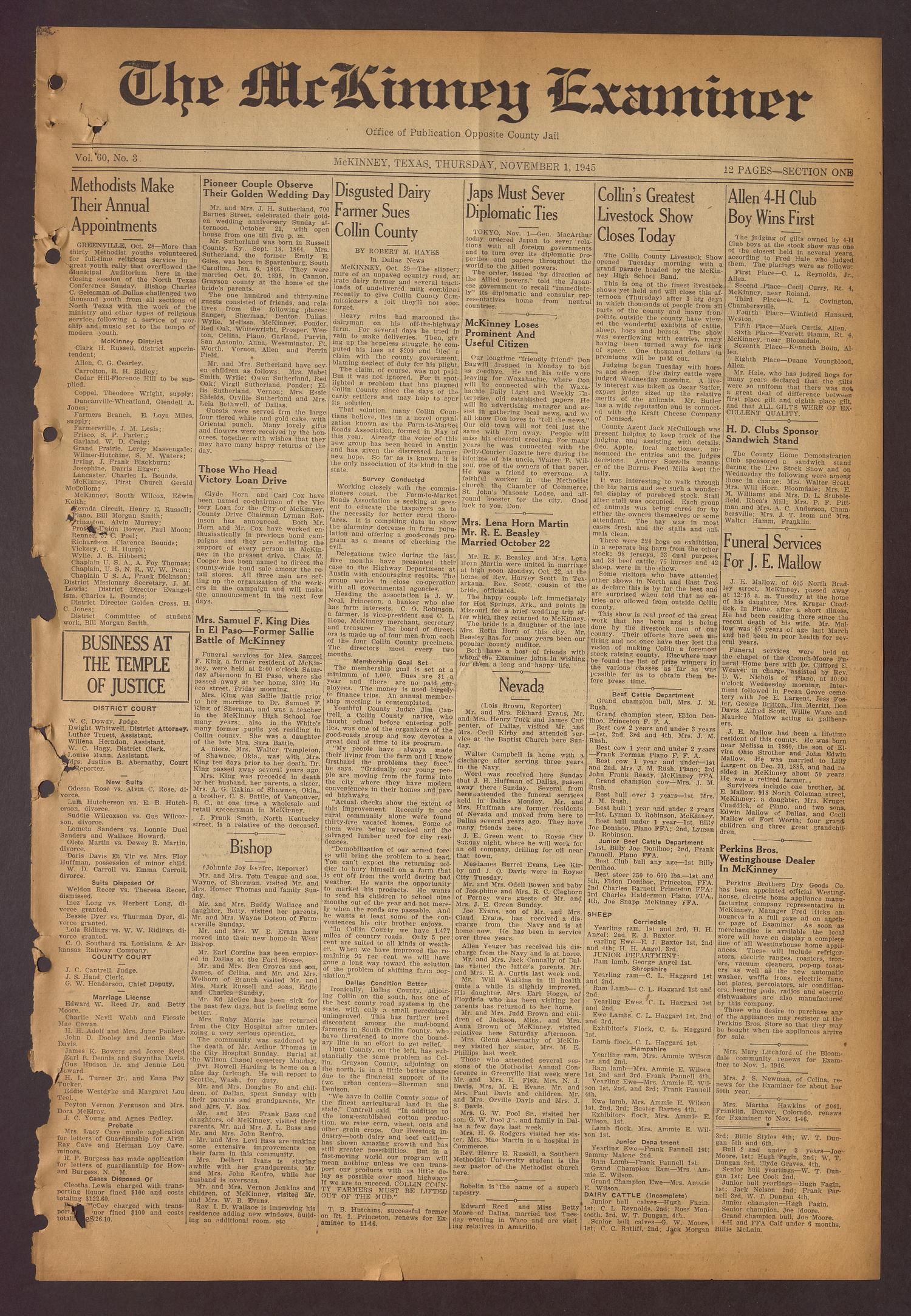 The McKinney Examiner (McKinney, Tex.), Vol. 60, No. 3, Ed. 1 Thursday, November 1, 1945
                                                
                                                    [Sequence #]: 1 of 12
                                                