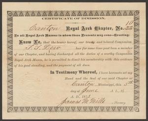Primary view of object titled '[Certificate of Dimission: T. T. Dew]'.