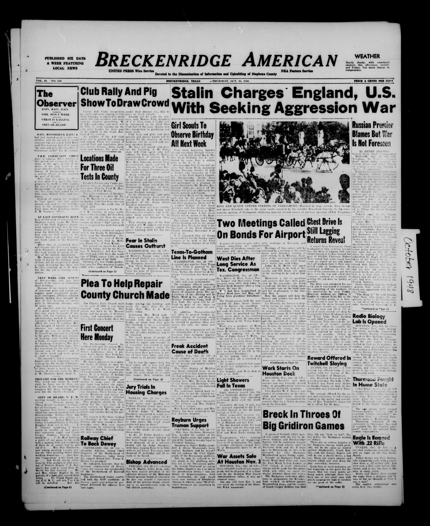 Breckenridge American (Breckenridge, Tex.), Vol. 28, No. 236, Ed. 1 Thursday, October 28, 1948
                                                
                                                    [Sequence #]: 1 of 6
                                                