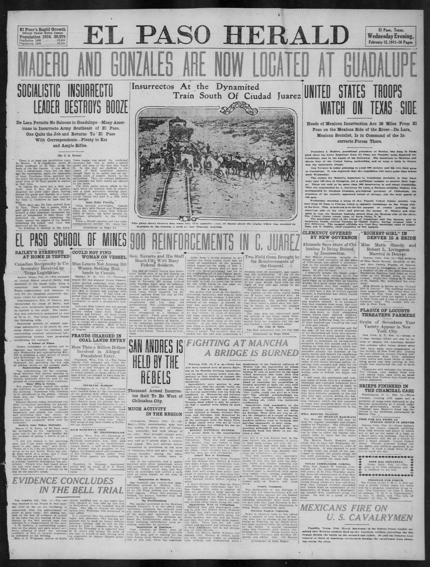 El Paso Herald (El Paso, Tex.), Ed. 1, Wednesday, February 15, 1911
                                                
                                                    [Sequence #]: 1 of 16
                                                