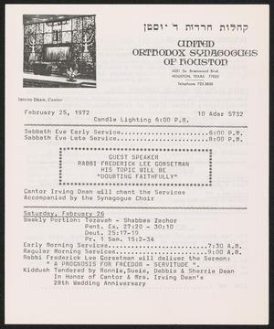 Primary view of United Orthodox Synagogues of Houston Newsletter, [Week Starting] February 25, 1972
