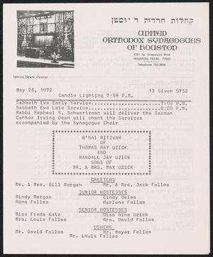 Primary view of United Orthodox Synagogues of Houston Newsletter, [Week Starting] May 26, 1972