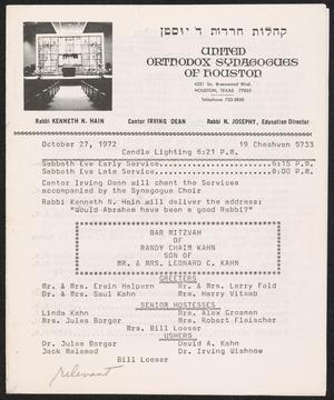 Primary view of United Orthodox Synagogues of Houston Newsletter, [Week Starting] October 27, 1972