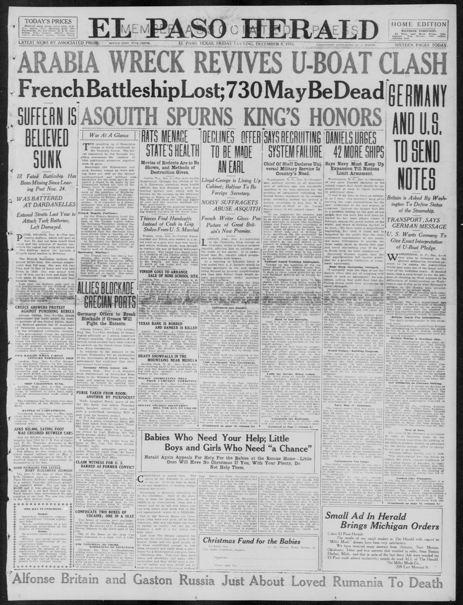El Paso Herald (El Paso, Tex.), Ed. 1, Friday, December 8, 1916
                                                
                                                    [Sequence #]: 1 of 16
                                                