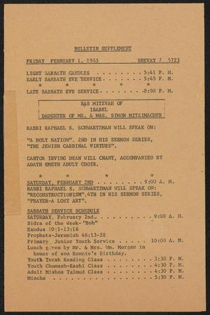 Primary view of object titled 'Adath Emeth Bulletin, February 1, 1963, Supplement'.