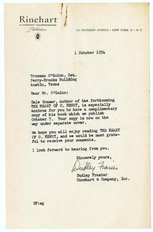 Primary view of object titled 'Letter from Dudley Frasier to Trueman O'Quinn'.