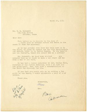 Primary view of object titled '[Letter from wife of parolee to T. N. Carswell - March 22, 1954]'.
