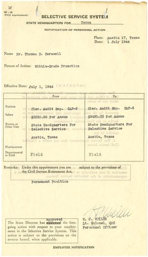 Primary view of object titled '[Selective Service System Notification of Personnel Action for T. N. Carswell - July 1, 1944]'.