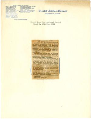 Primary view of object titled '[Letter and Envelope:  From Senator John A. Danaher, including The American's Creed, by William Tyler Page - March 5, 1941]'.