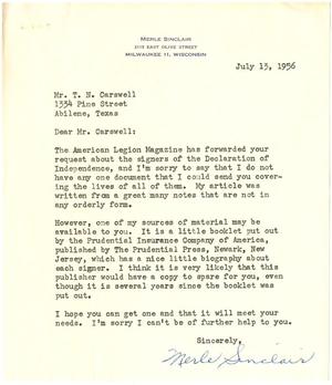 Primary view of object titled '[Letter from Merle Sinclair to T. N. Carswell - July 13, 1956]'.