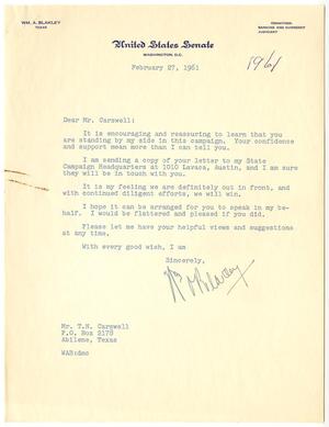 Primary view of object titled '[Letter from Senator William A. Blakley to T. N. Carswell - December 23, 1960]'.