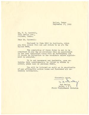 Primary view of object titled '[Letter from Major Ted Dealey to T. N. Carswell - September 17, 1942]'.