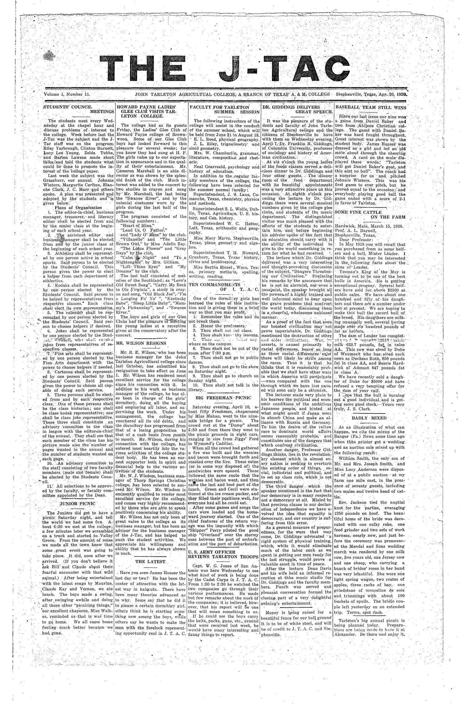 The J-TAC (Stephenville, Tex.), Vol. 1, No. 11, Ed. 1 Tuesday, April 20, 1920
                                                
                                                    [Sequence #]: 1 of 4
                                                