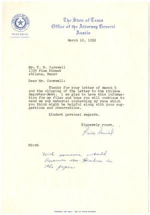 Primary view of object titled '[Letter from Attorney General Price Daniel to T. N. Carswell - March 12, 1952]'.