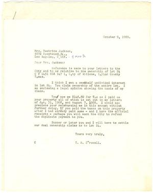 Primary view of object titled '[Letter from T. N. Carswell to Mrs. Beatrice Jackson - October 9, 1969]'.