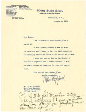 Primary view of object titled '[Letter from Senator Morris Sheppard to T. N. Carswell - August 20, 1938]'.
