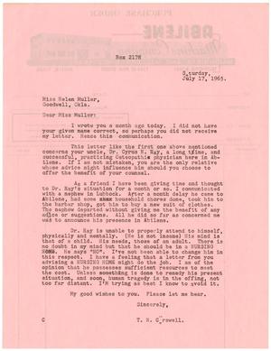 Primary view of object titled '[Letter from T. N. Carswell to Helen Muller - July 17, 1965]'.
