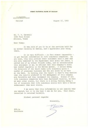 Primary view of object titled '[Letter from H. J. Blackwell to T. N. Carswell - August 17, 1965]'.