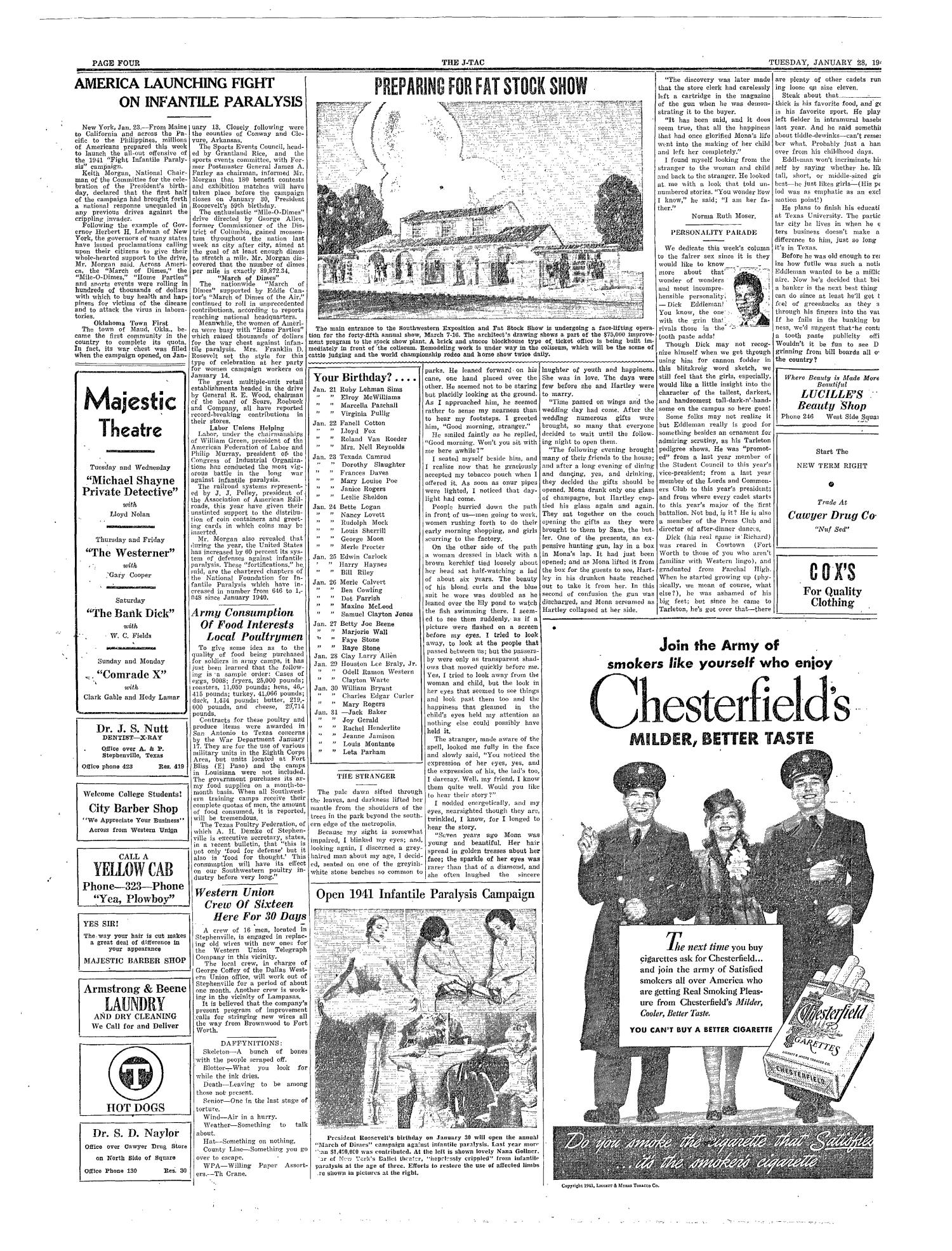 The J-TAC (Stephenville, Tex.), Vol. 20, No. 16, Ed. 1 Tuesday, January 28, 1941
                                                
                                                    [Sequence #]: 4 of 4
                                                