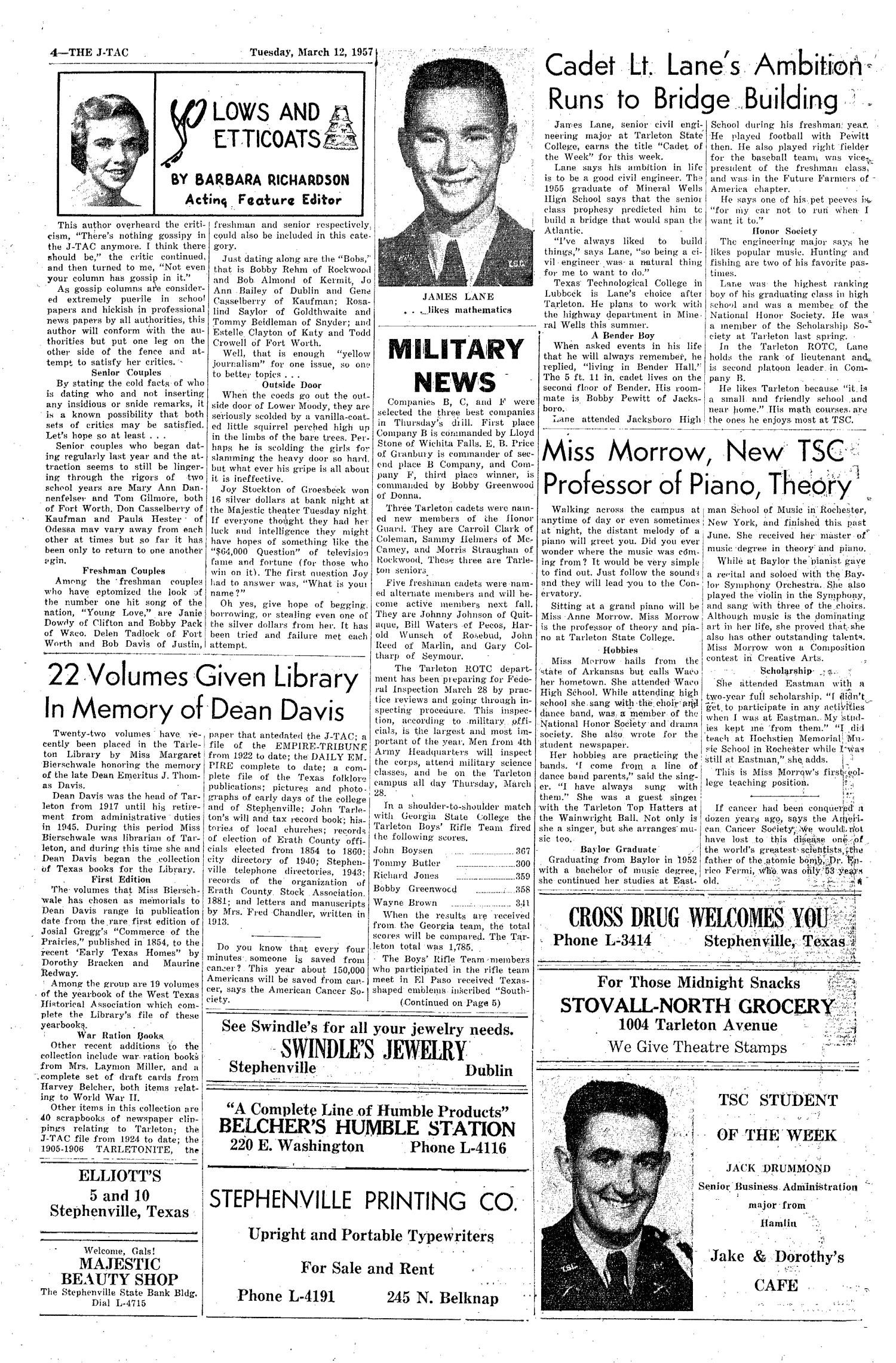 The J-TAC (Stephenville, Tex.), Vol. 36, No. 22, Ed. 1 Tuesday, March 12, 1957
                                                
                                                    [Sequence #]: 4 of 8
                                                
