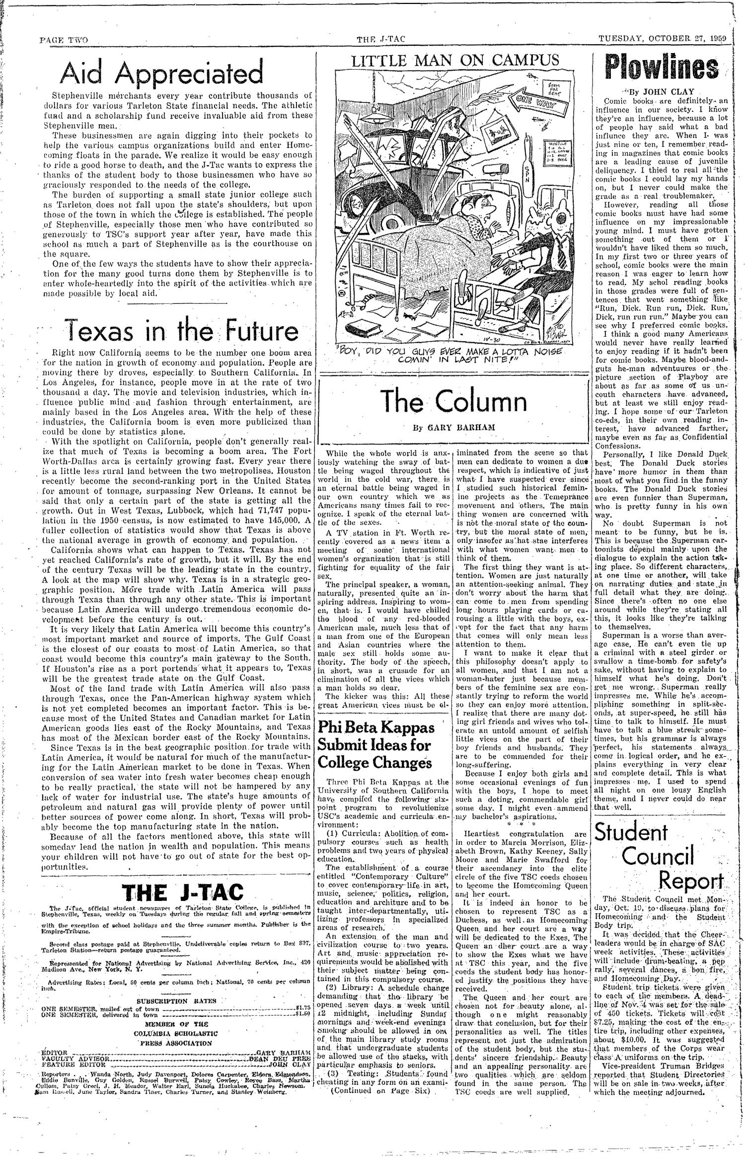 The J-TAC (Stephenville, Tex.), Vol. 39, No. 7, Ed. 1 Tuesday, October 27, 1959
                                                
                                                    [Sequence #]: 2 of 8
                                                