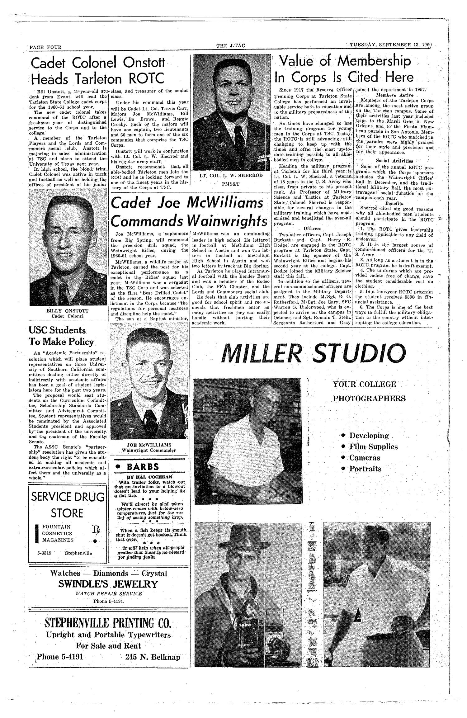 The J-TAC (Stephenville, Tex.), Vol. 40, No. 1, Ed. 1 Tuesday, September 13, 1960
                                                
                                                    [Sequence #]: 4 of 8
                                                
