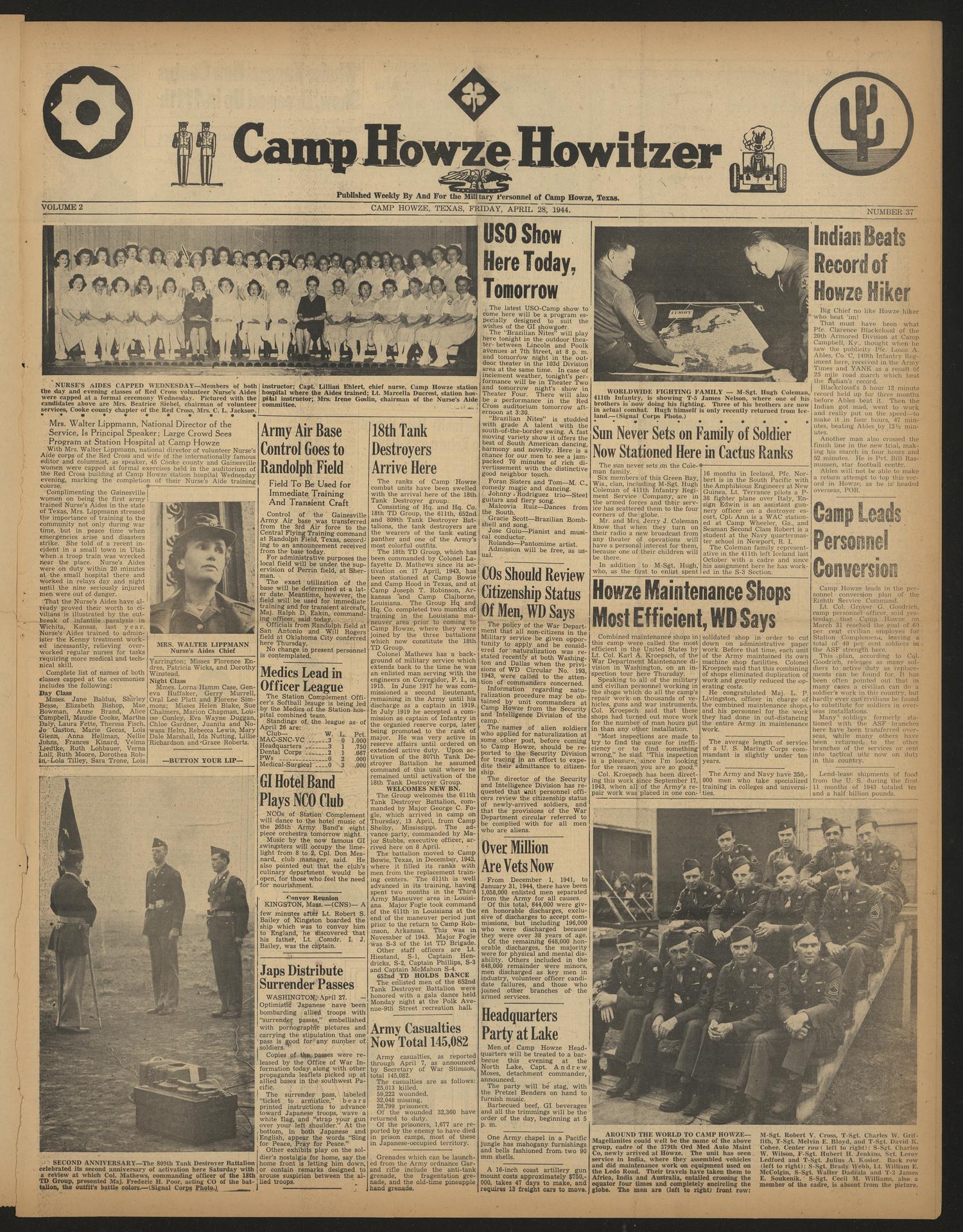 Camp Howze Howitzer (Camp Howze, Tex.), Vol. 2, No. 37, Ed. 1 Friday, April 28, 1944
                                                
                                                    [Sequence #]: 1 of 4
                                                