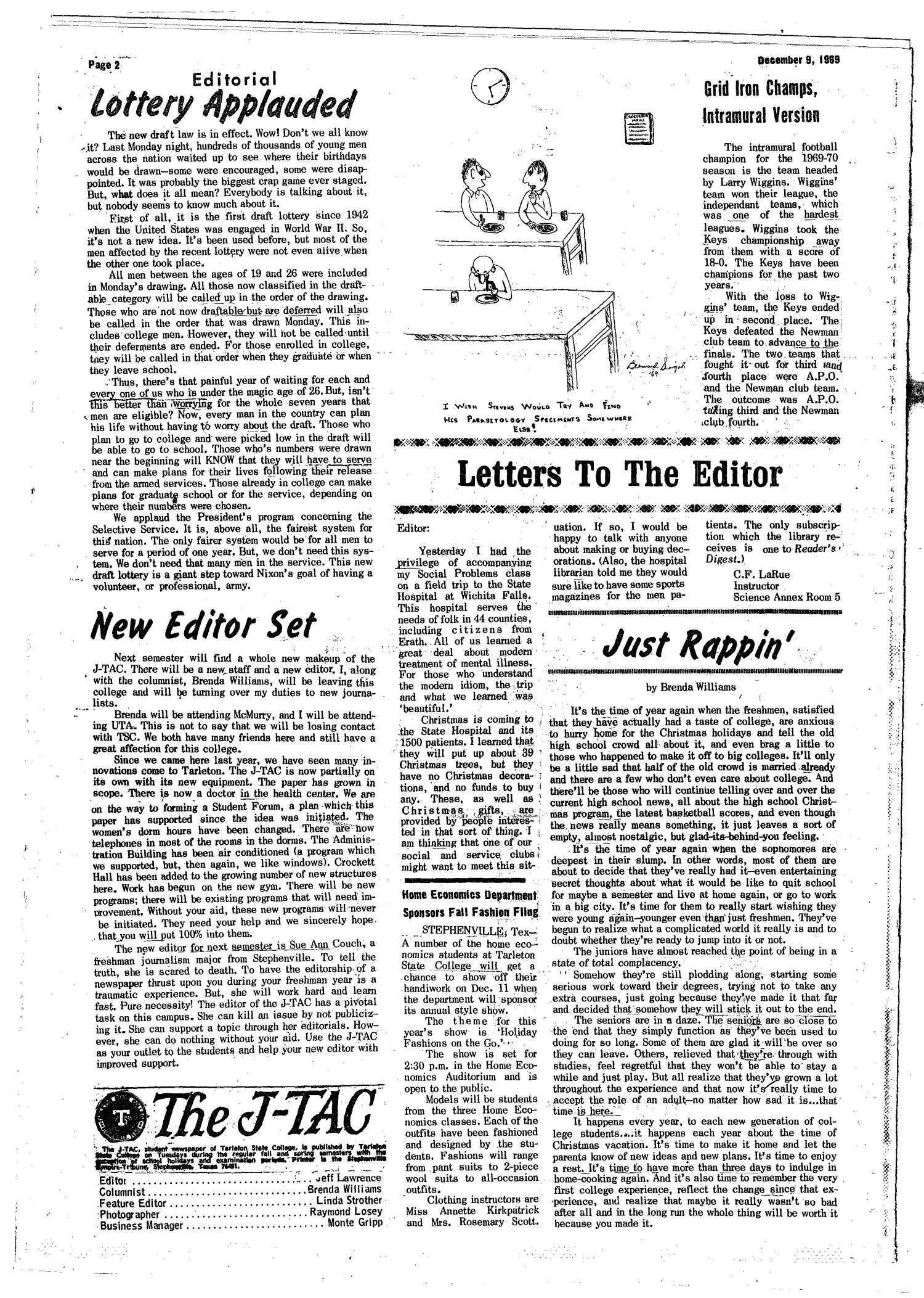 The J-TAC (Stephenville, Tex.), Vol. 50, No. 10, Ed. 1 Tuesday, December 9, 1969
                                                
                                                    [Sequence #]: 2 of 12
                                                