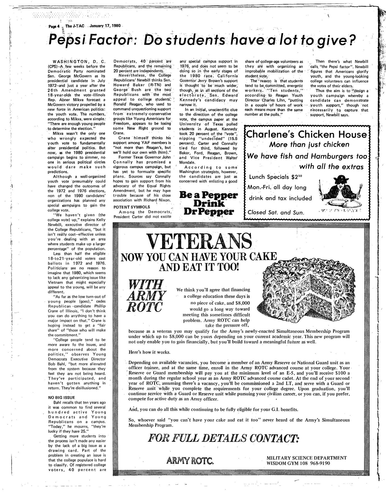 The J-TAC (Stephenville, Tex.), Vol. 61, No. 1, Ed. 1 Thursday, January 17, 1980
                                                
                                                    [Sequence #]: 4 of 16
                                                