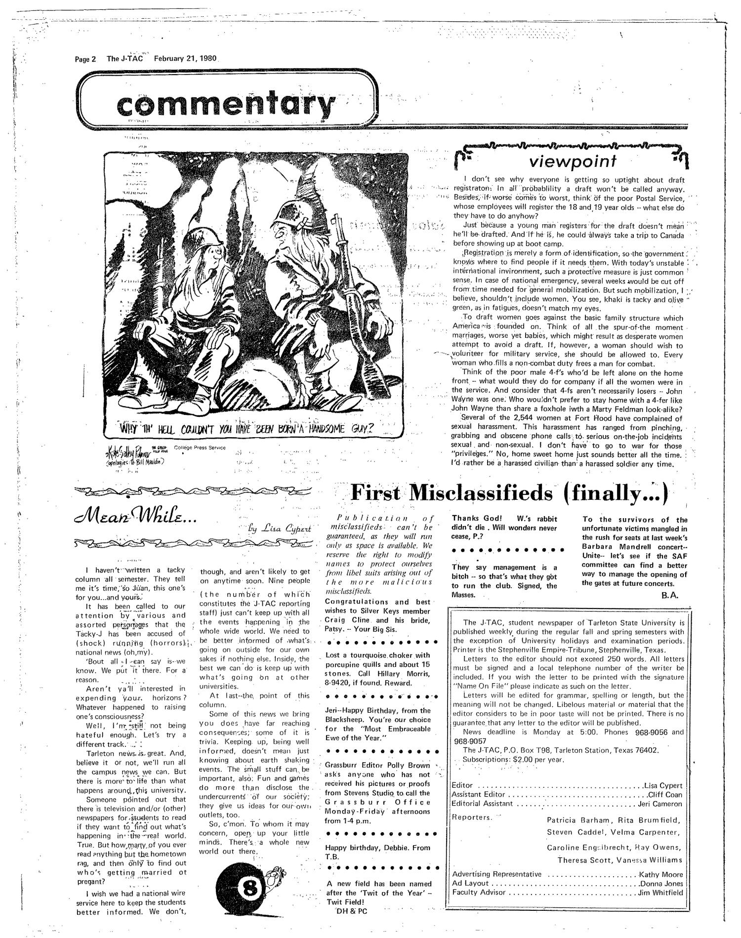 The J-TAC (Stephenville, Tex.), Vol. 61, No. 6, Ed. 1 Thursday, February 21, 1980
                                                
                                                    [Sequence #]: 2 of 12
                                                