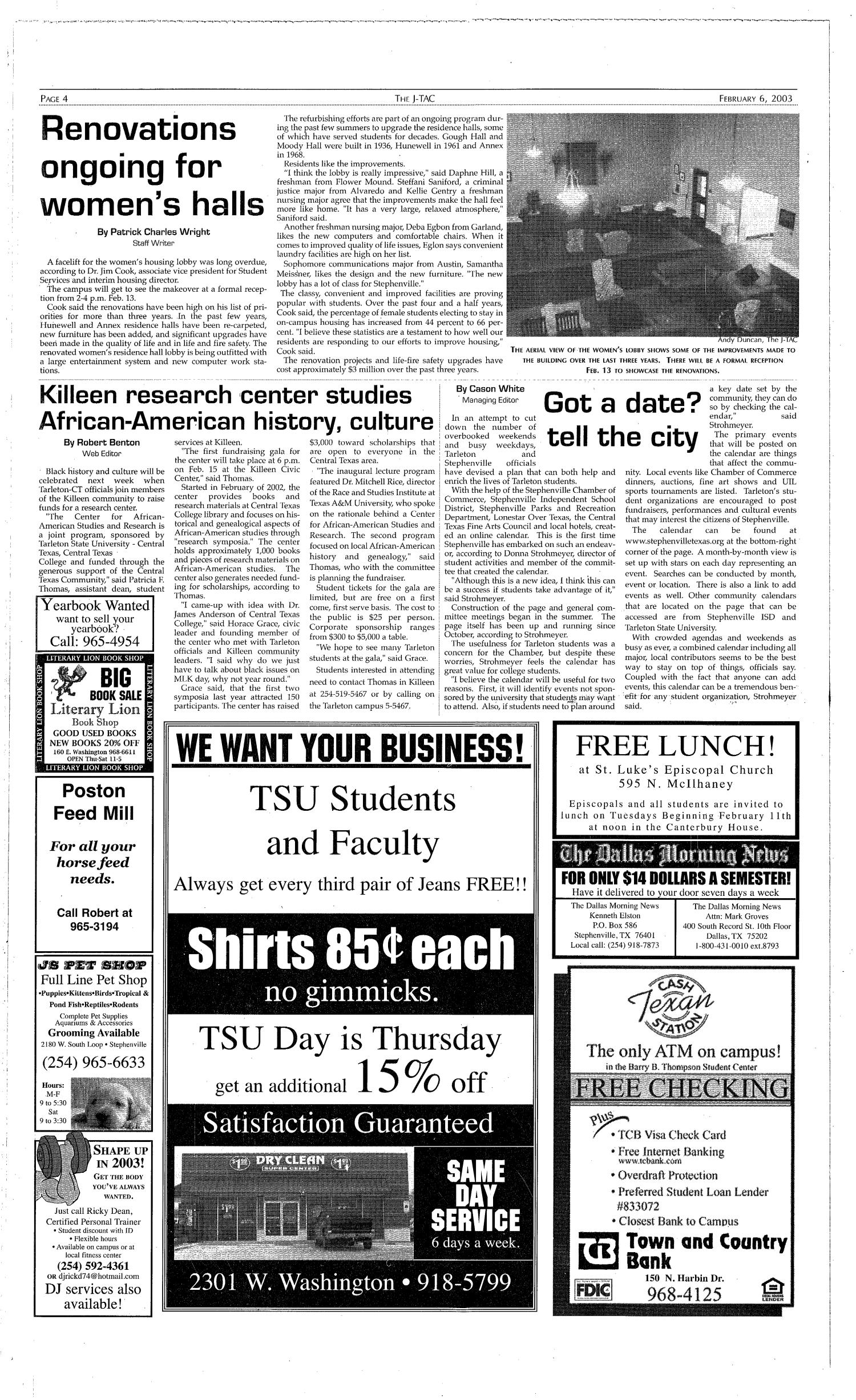 The J-TAC (Stephenville, Tex.), Vol. 165, No. 3, Ed. 1 Thursday, February 6, 2003
                                                
                                                    [Sequence #]: 4 of 8
                                                