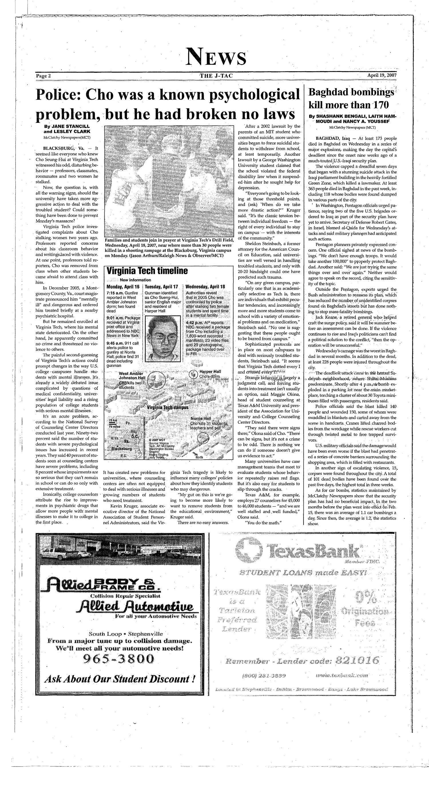 The J-TAC (Stephenville, Tex.), Vol. 173, No. 11, Ed. 1 Thursday, April 19, 2007
                                                
                                                    [Sequence #]: 2 of 14
                                                