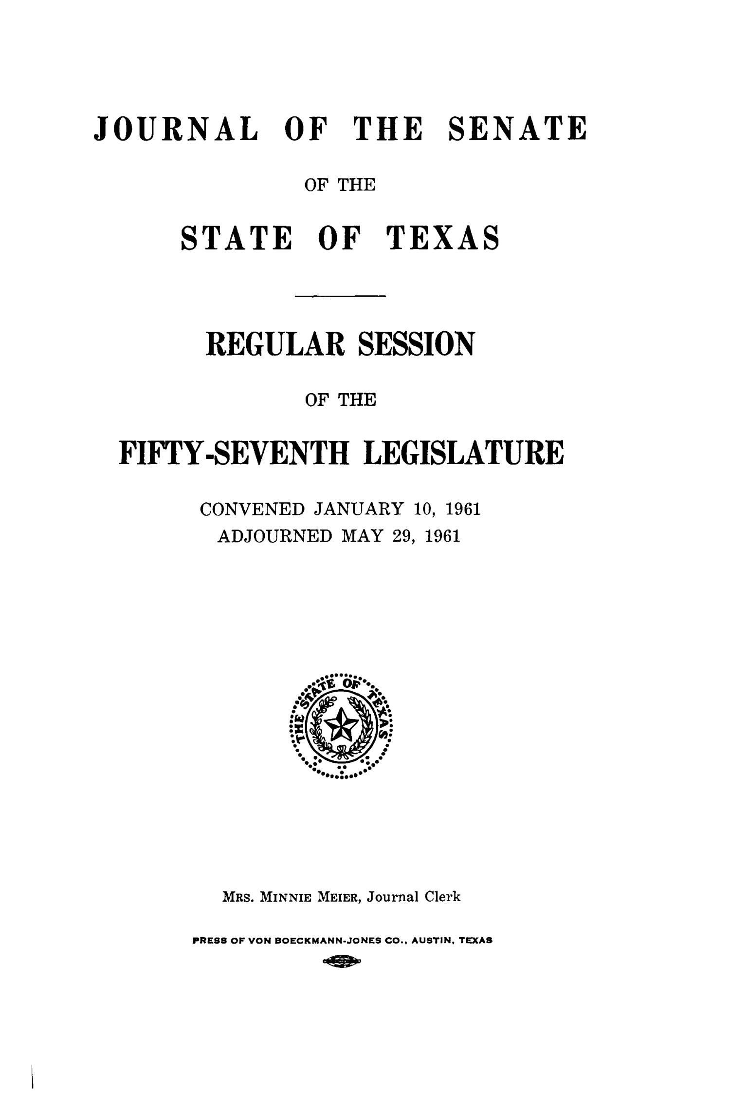 Journal of the Senate of the State of Texas, Regular Session of the Fifty-Seventh Legislature
                                                
                                                    Title Page
                                                