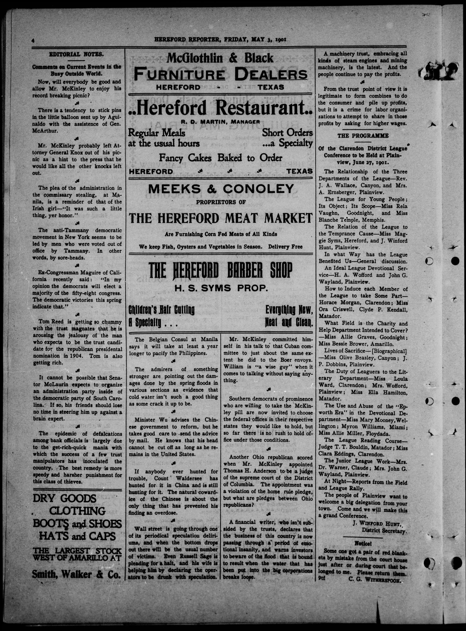Hereford Reporter (Hereford, Tex.), Vol. 1, No. 11, Ed. 1 Friday, May 3, 1901
                                                
                                                    [Sequence #]: 4 of 8
                                                