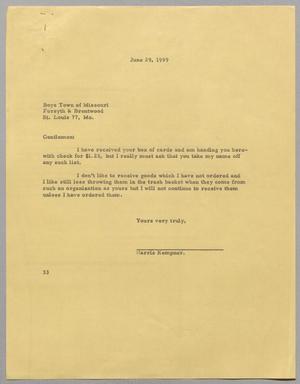 Primary view of object titled '[Letter from Harris Leon Kempner to Boys Town of Missouri, June 29, 1959]'.