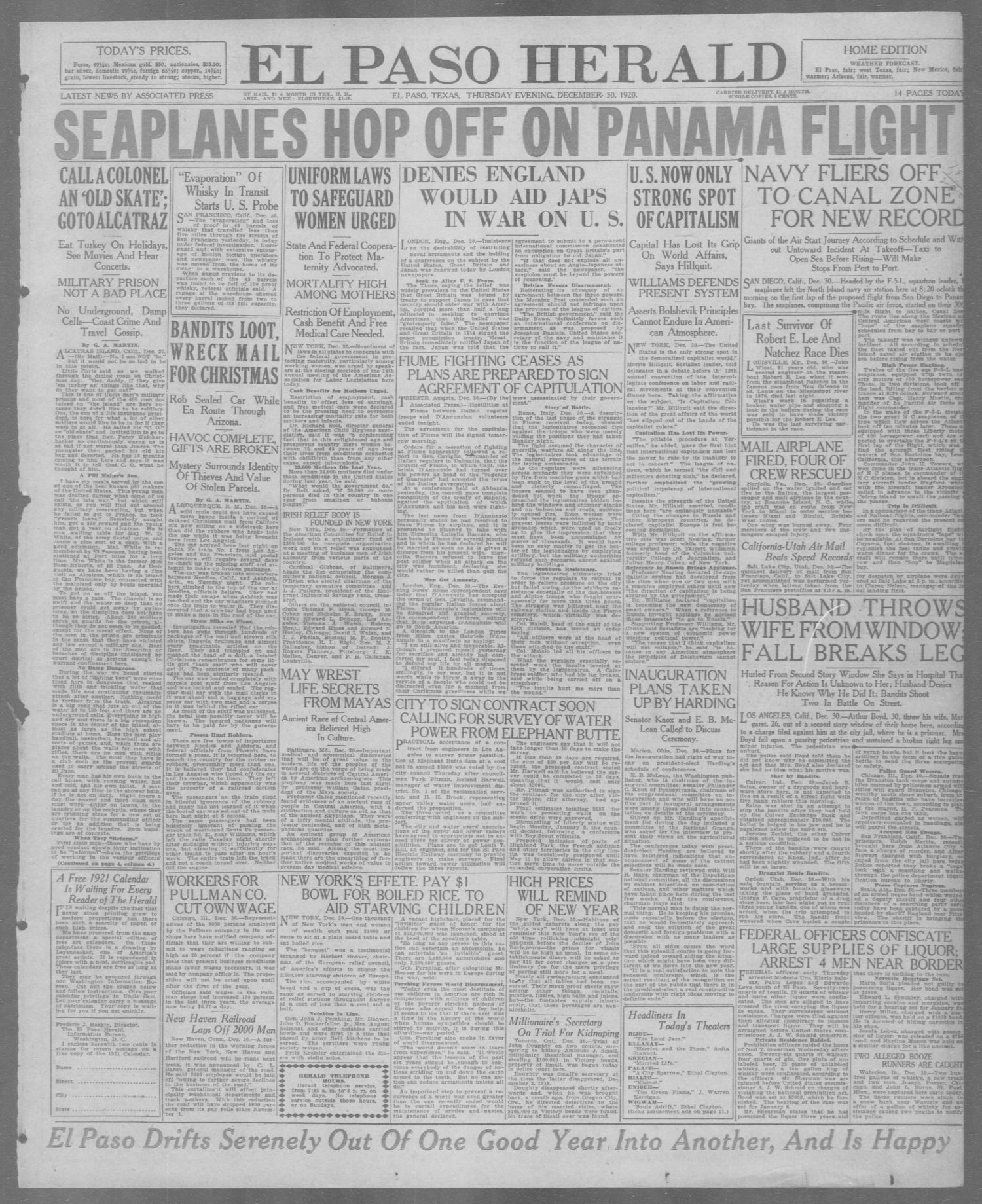 El Paso Herald (El Paso, Tex.), Ed. 1, Thursday, December 30, 1920
                                                
                                                    [Sequence #]: 1 of 14
                                                