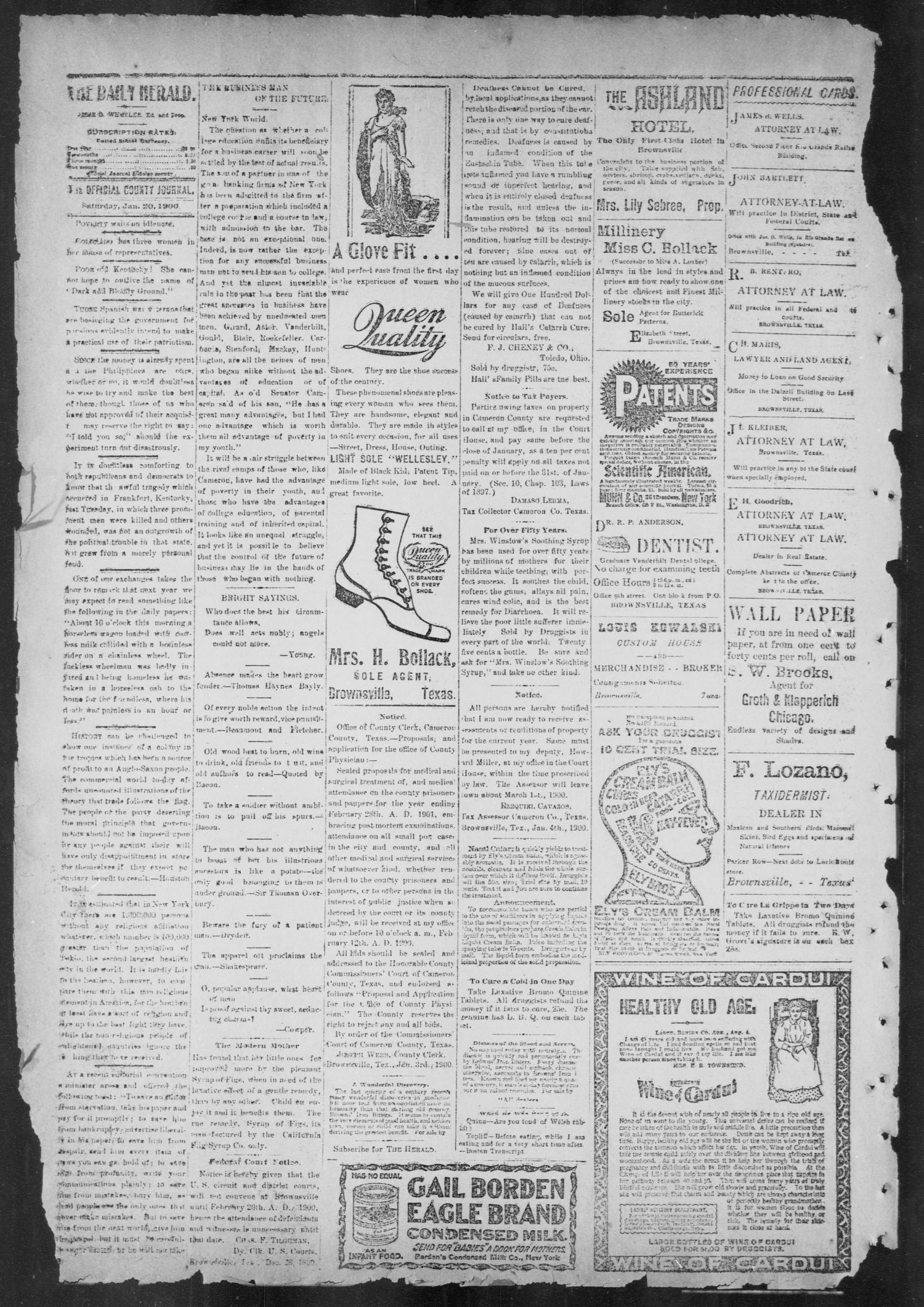 The Brownsville Daily Herald. (Brownsville, Tex.), Vol. 8, No. 171, Ed. 1, Saturday, January 20, 1900
                                                
                                                    [Sequence #]: 2 of 4
                                                