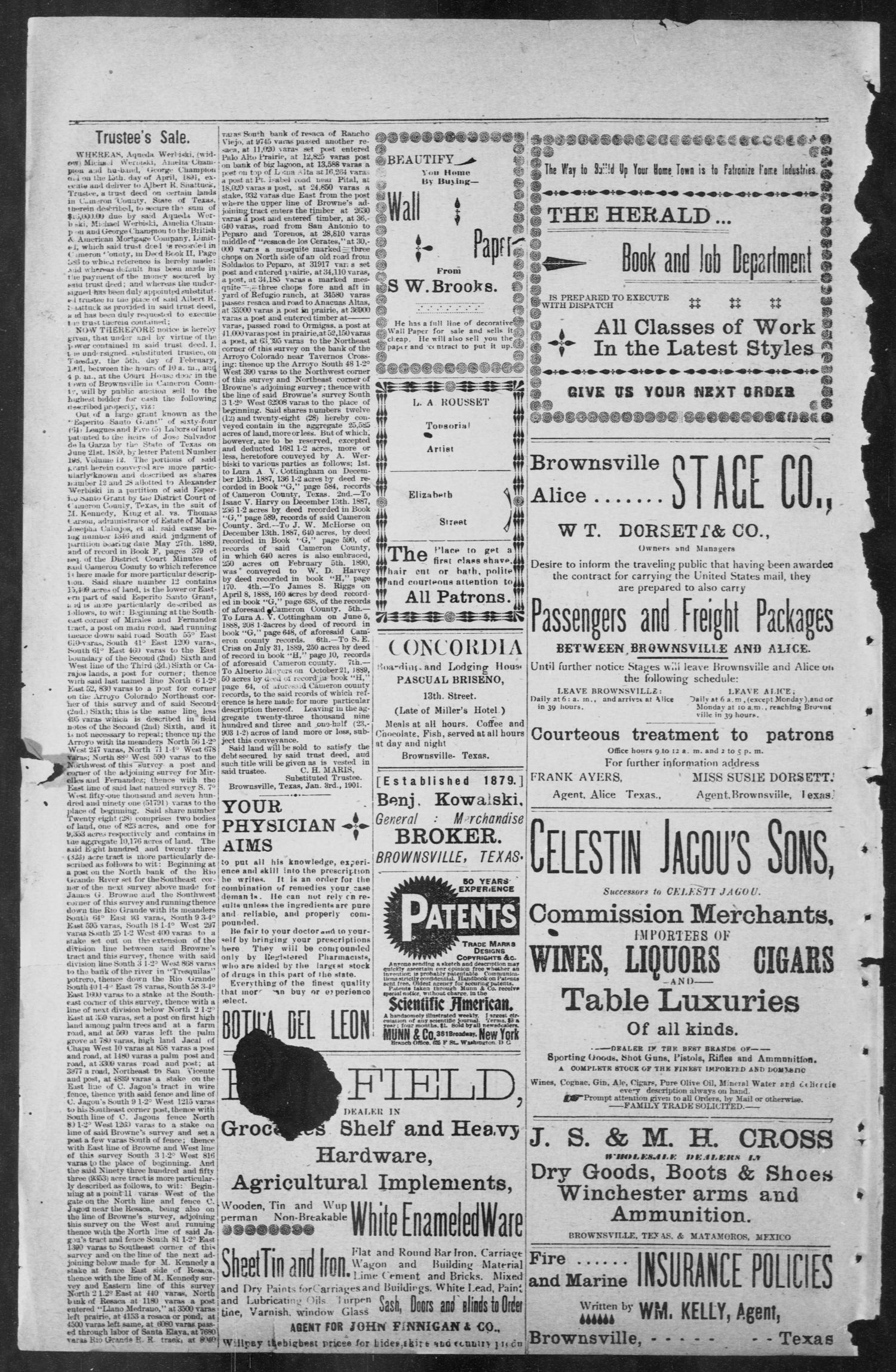 Brownsville Daily Herald (Brownsville, Tex.), Vol. NINE, No. 160, Ed. 1, Tuesday, January 8, 1901
                                                
                                                    [Sequence #]: 4 of 4
                                                