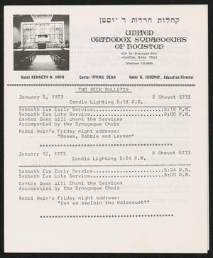 Primary view of object titled 'United Orthodox Synagogues of Houston, Two Week Bulletin: [Starting] January 5, 1973'.
