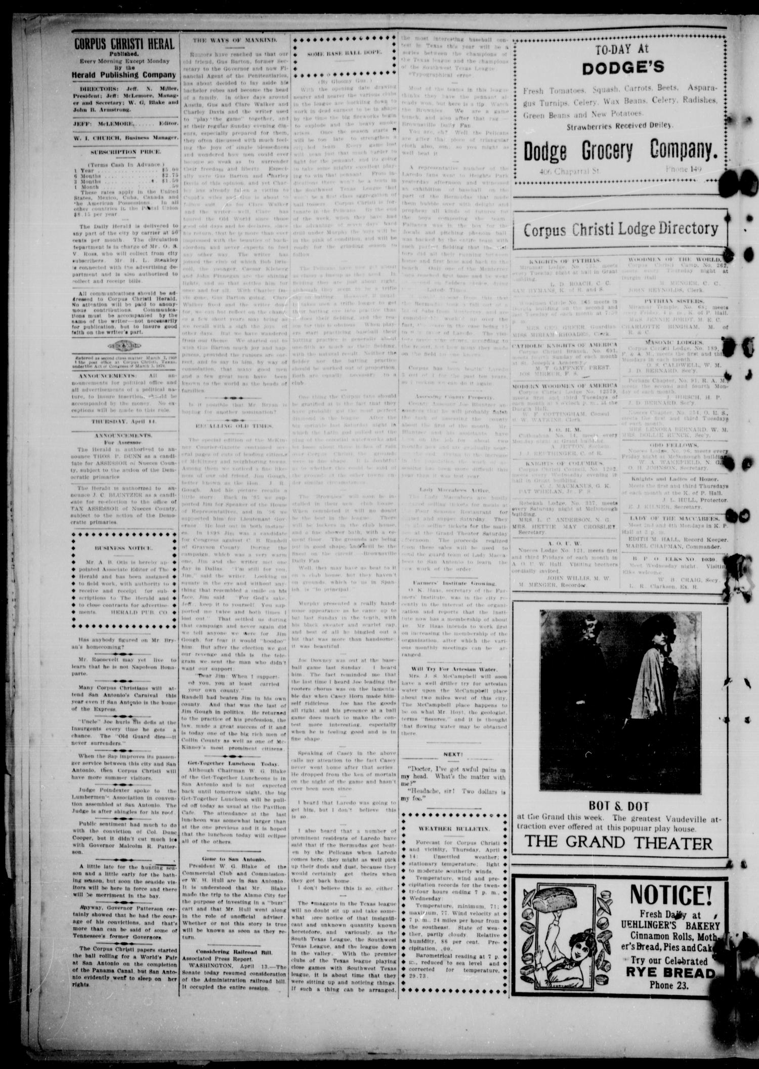 The Corpus Christi Daily Herald (Corpus Christi, Tex.), Vol. 3, No. 31, Ed. 1, Thursday, April 14, 1910
                                                
                                                    [Sequence #]: 4 of 12
                                                