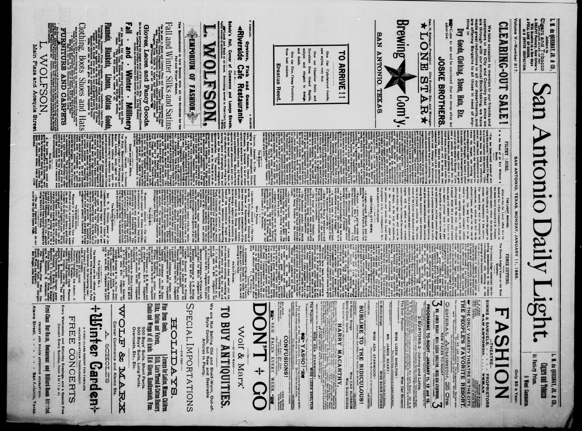 San Antonio Daily Light (San Antonio, Tex.), Vol. 5, No. 317, Ed. 1, Monday, January 11, 1886
                                                
                                                    [Sequence #]: 1 of 4
                                                