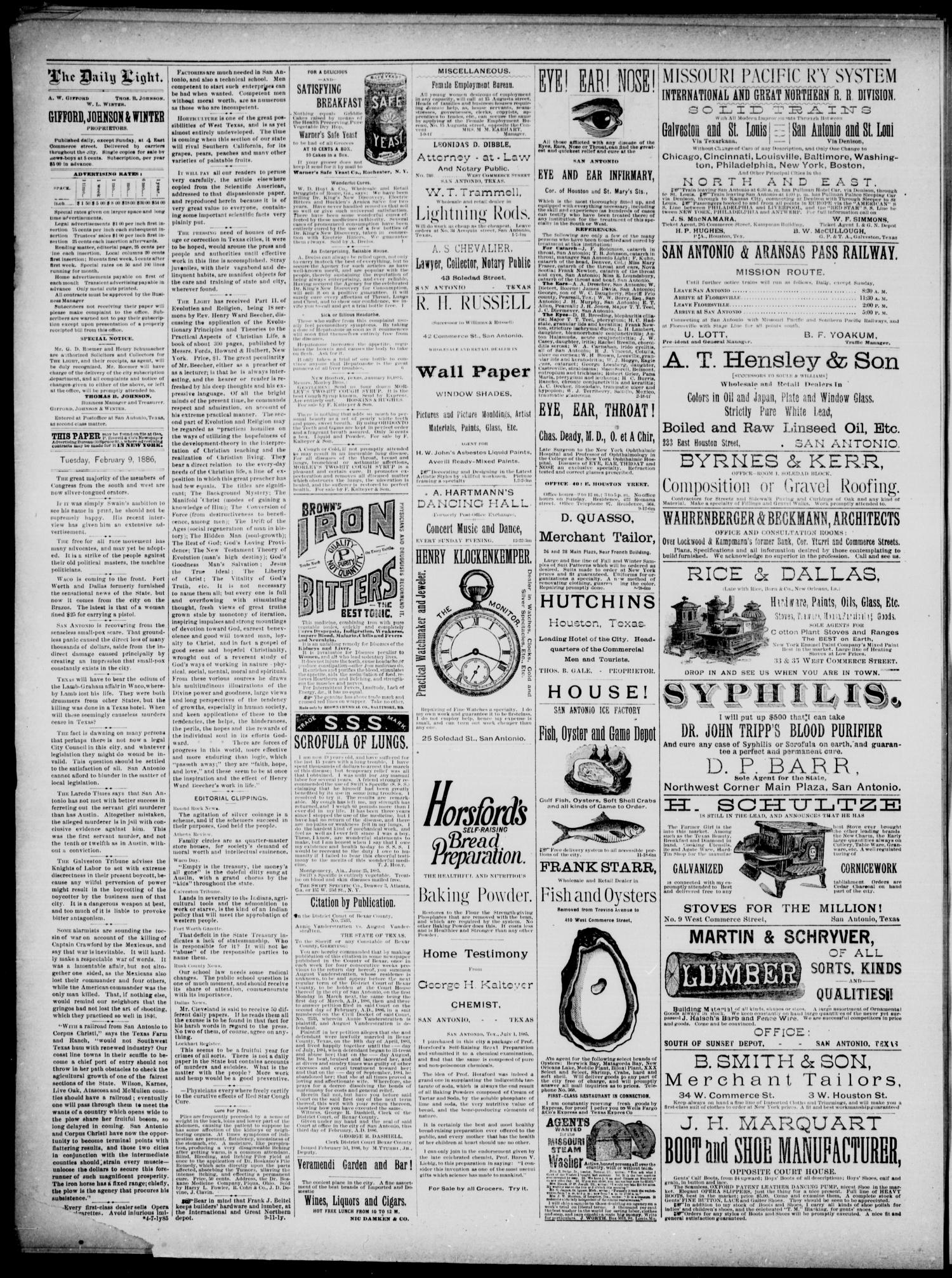 San Antonio Daily Light (San Antonio, Tex.), Vol. 6, No. 18, Ed. 1, Tuesday, February 9, 1886
                                                
                                                    [Sequence #]: 2 of 4
                                                