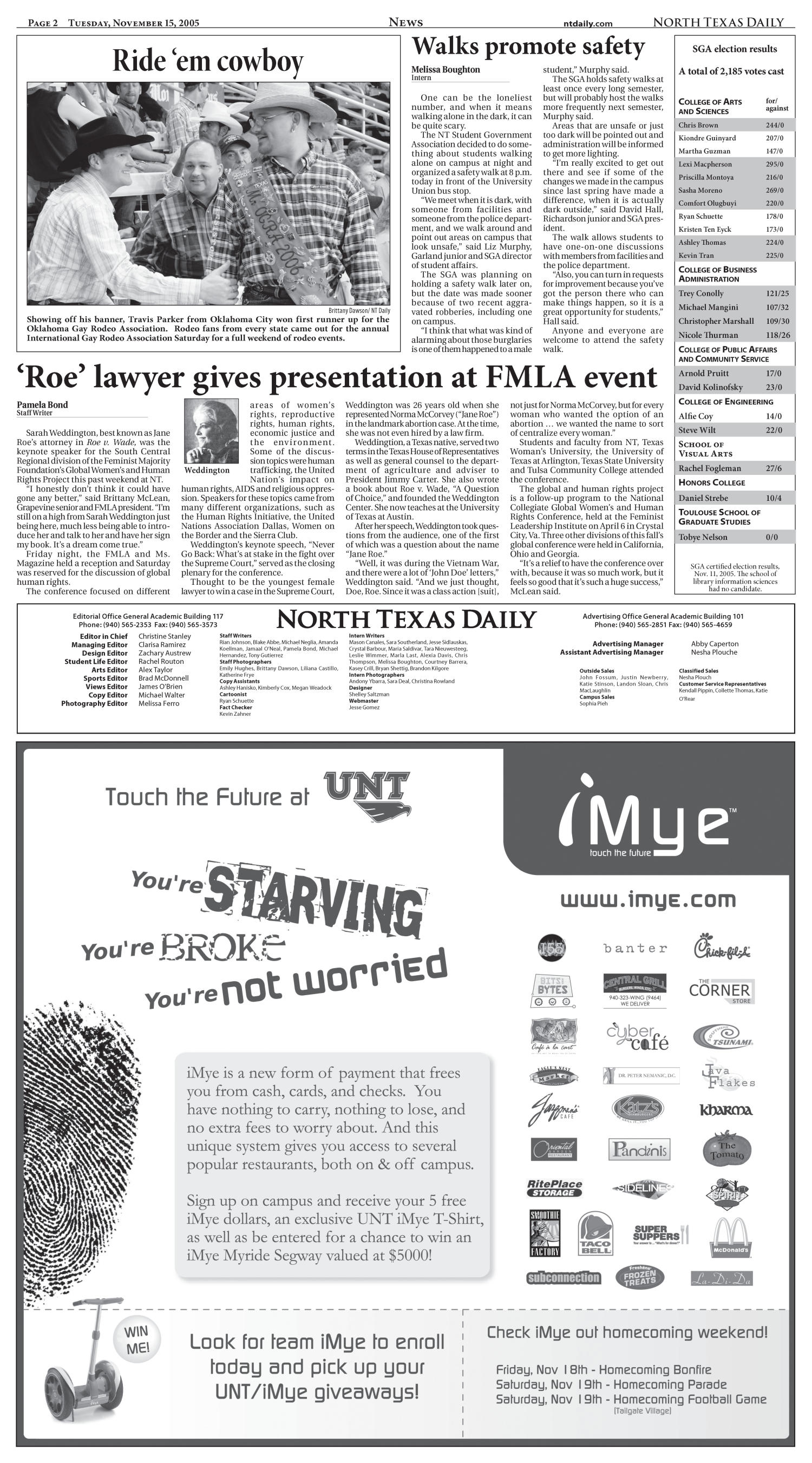 North Texas Daily (Denton, Tex.), Vol. 90, No. 45, Ed. 1 Tuesday, November 15, 2005
                                                
                                                    [Sequence #]: 2 of 10
                                                