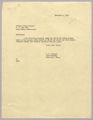 Primary view of object titled '[Letter from I. H. Kempner to Johnson Pecan Company, November 4, 1952]'.